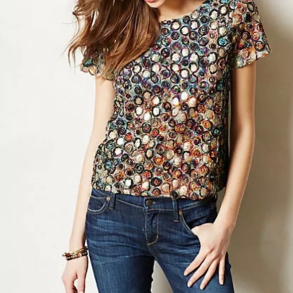 Anthropologie Sequin Embellished Short Sleeve Top Small